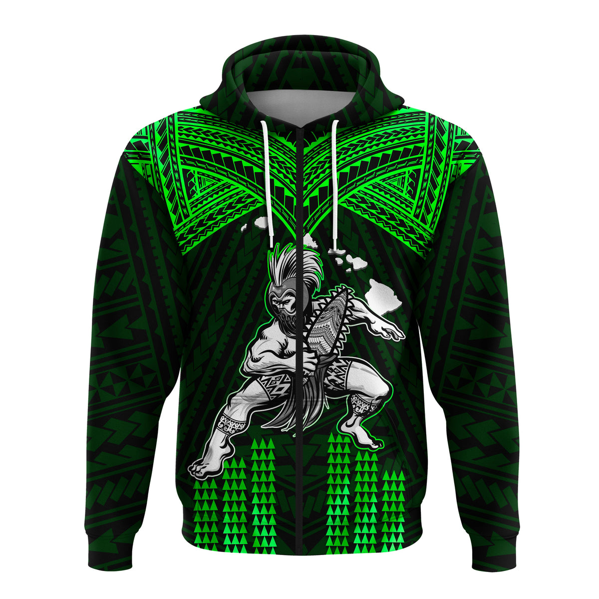 Custom Hawaii Hoodiean Warrior With Weapon Polynesian Ver.03 LT14 Zip Hoodie Green - Polynesian Pride