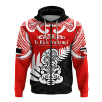 Custom Waitangi Day Hoodie Tino Rangatiratanga Flag With Tiki Maori Fern LT14 Zip Hoodie Red - Polynesian Pride