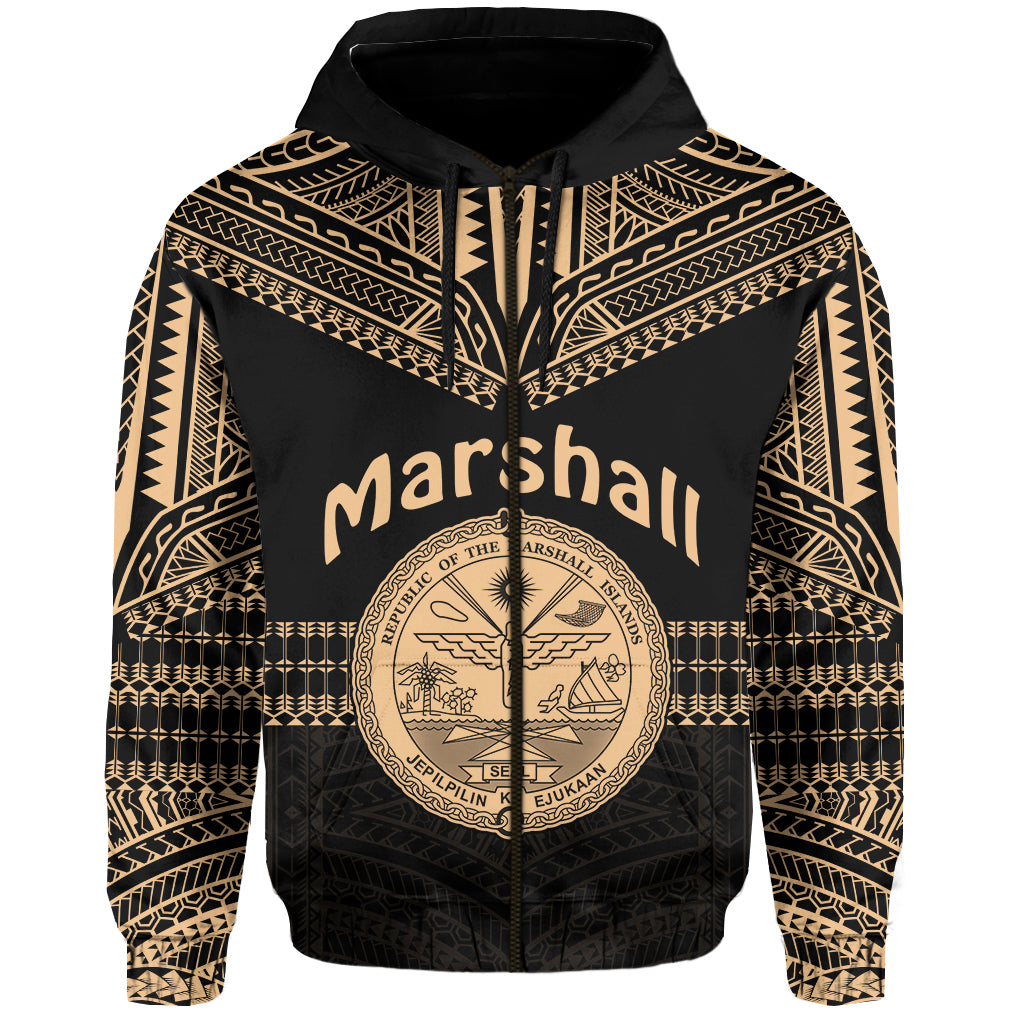 (Custom Text and Number) Marshall Islands Zip Hoodie Best Tattoo Version Golden LT13 - Polynesian Pride