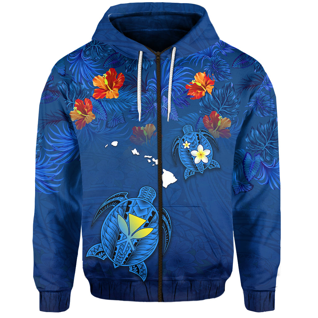 Hawaiian Islands Zip Hoodie Hawaii Tropical Flowers and Turtles Blue LT13 Unisex Blue - Polynesian Pride