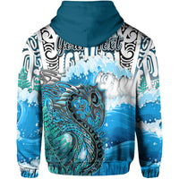Custom Manaia Maori Hoodie Fern Aotearoa Blue Waves LT13 - Polynesian Pride