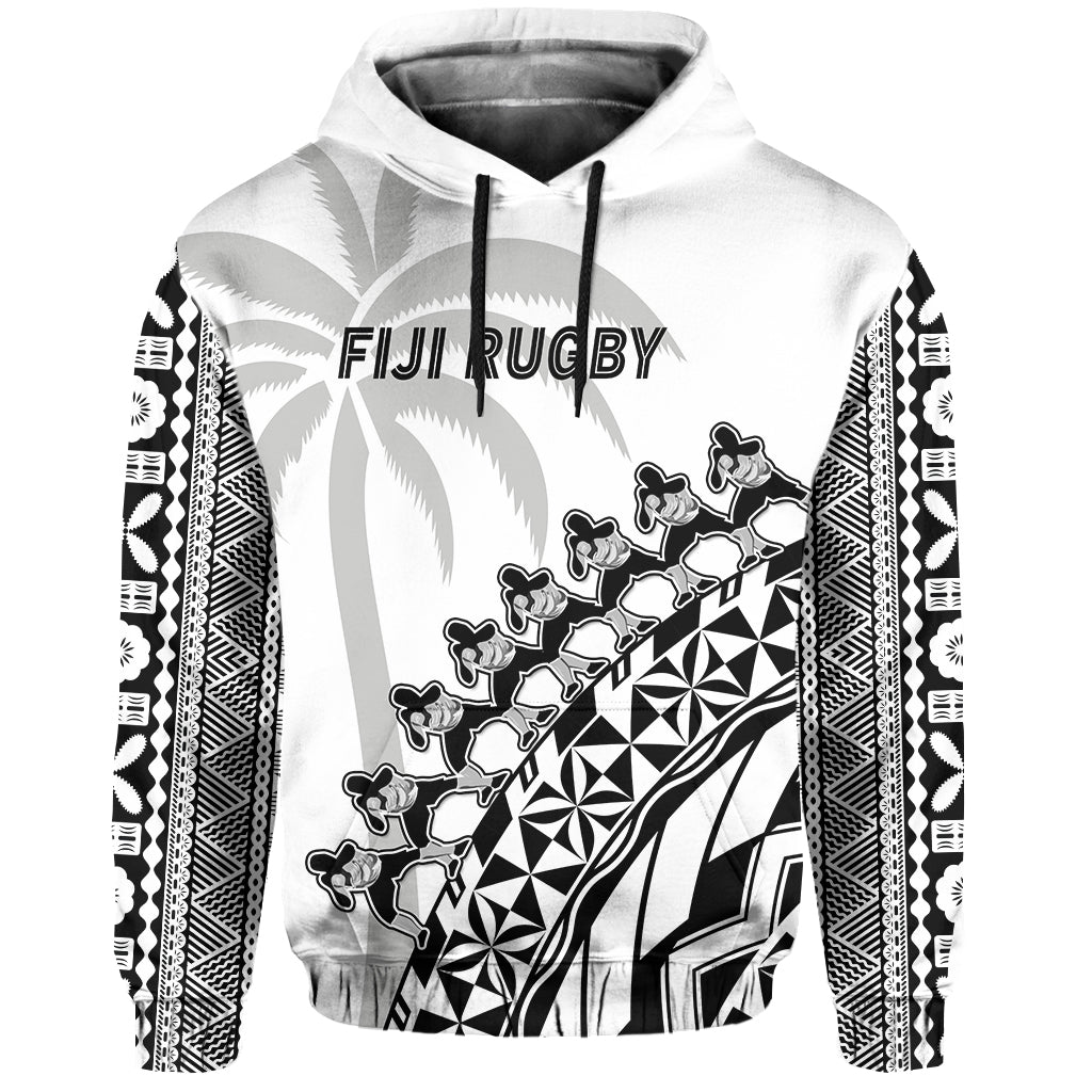 (Custom Text and Number) Fiji Rugby Hoodie Fijian Cibi Dance Tapa Pattern White LT14 - Polynesian Pride