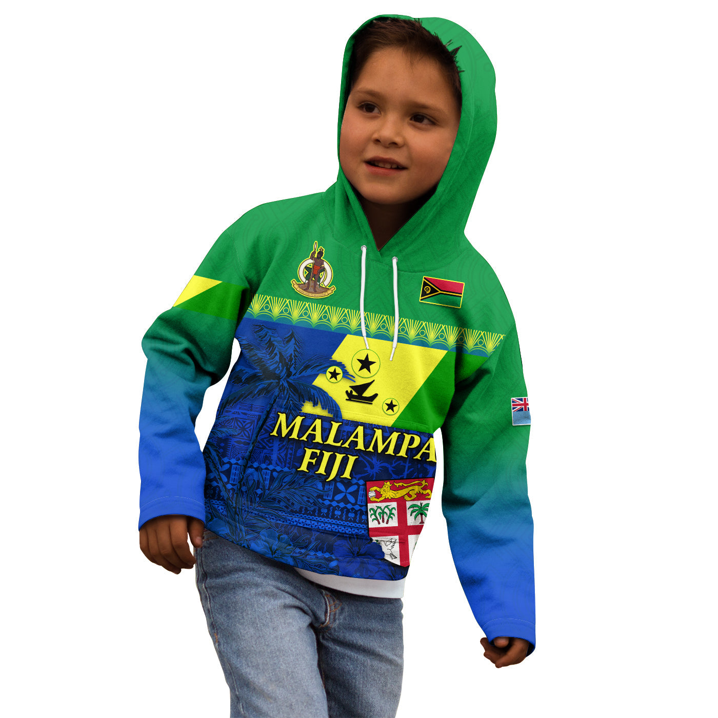 Malampa Fiji Day Hoodie KID Vanuatu Polynesia mix Flowers LT13 Green - Polynesian Pride
