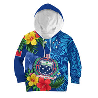 Samoa Hoodie KID Coat Of Arms Mix Tropical Flowers LT14 Blue - Polynesian Pride