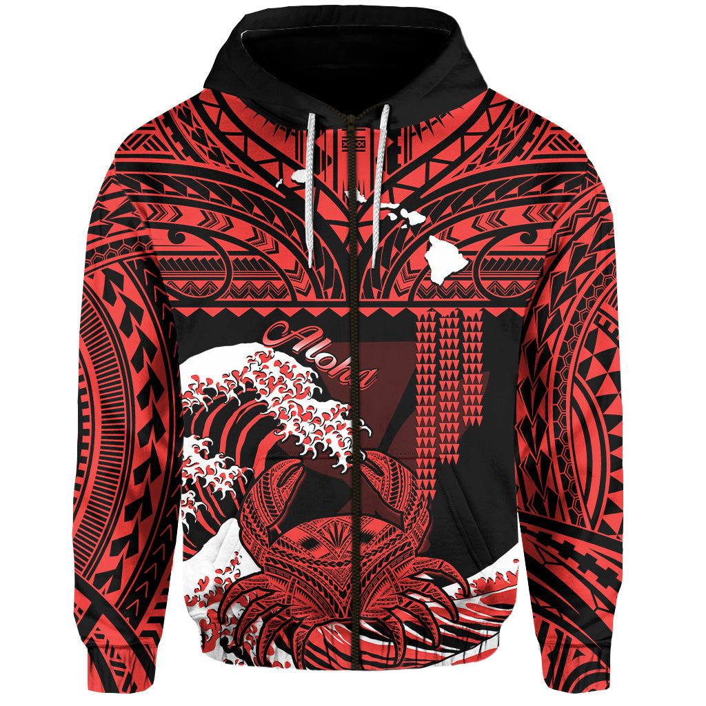 Custom Hawaii Hoodie Kakau Polynesian Crab With Waves Ver.03 LT14 Zip Hoodie Red - Polynesian Pride