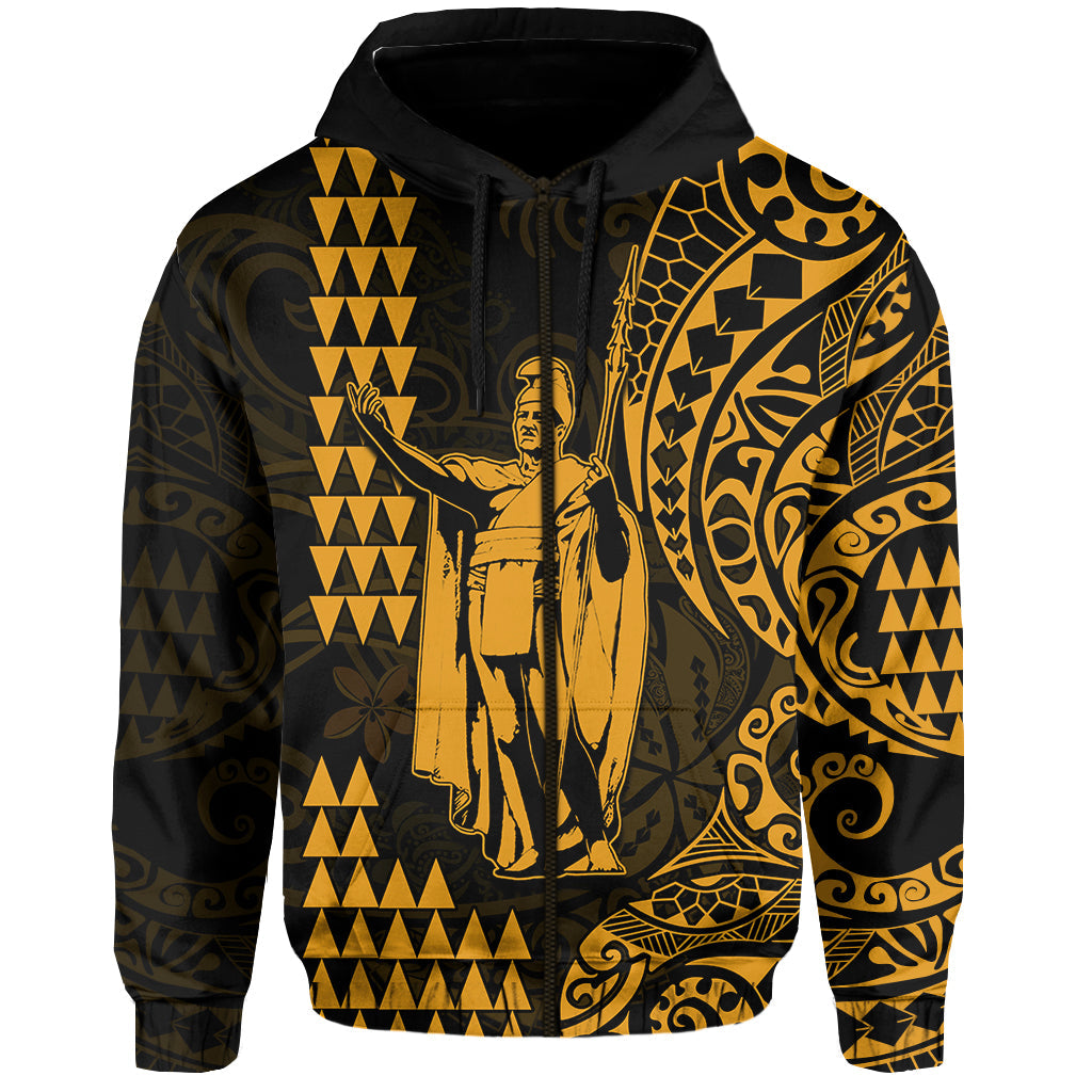 Hawaii Day Kakau Hoodie Proud To Be Hawaiian Gold King Kamehameha and Kanaka Maoli LT13 Zip Hoodie Gold - Polynesian Pride