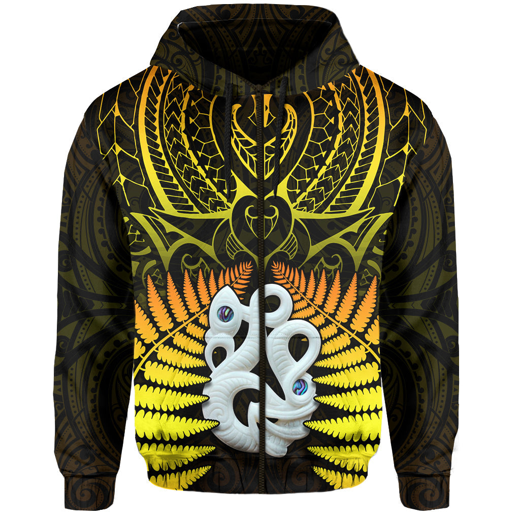 (Custom Text and Number) Aotearoa Fern Hoodie New Zealand Hei Tiki Gold Style LT13 Zip Hoodie Gold - Polynesian Pride