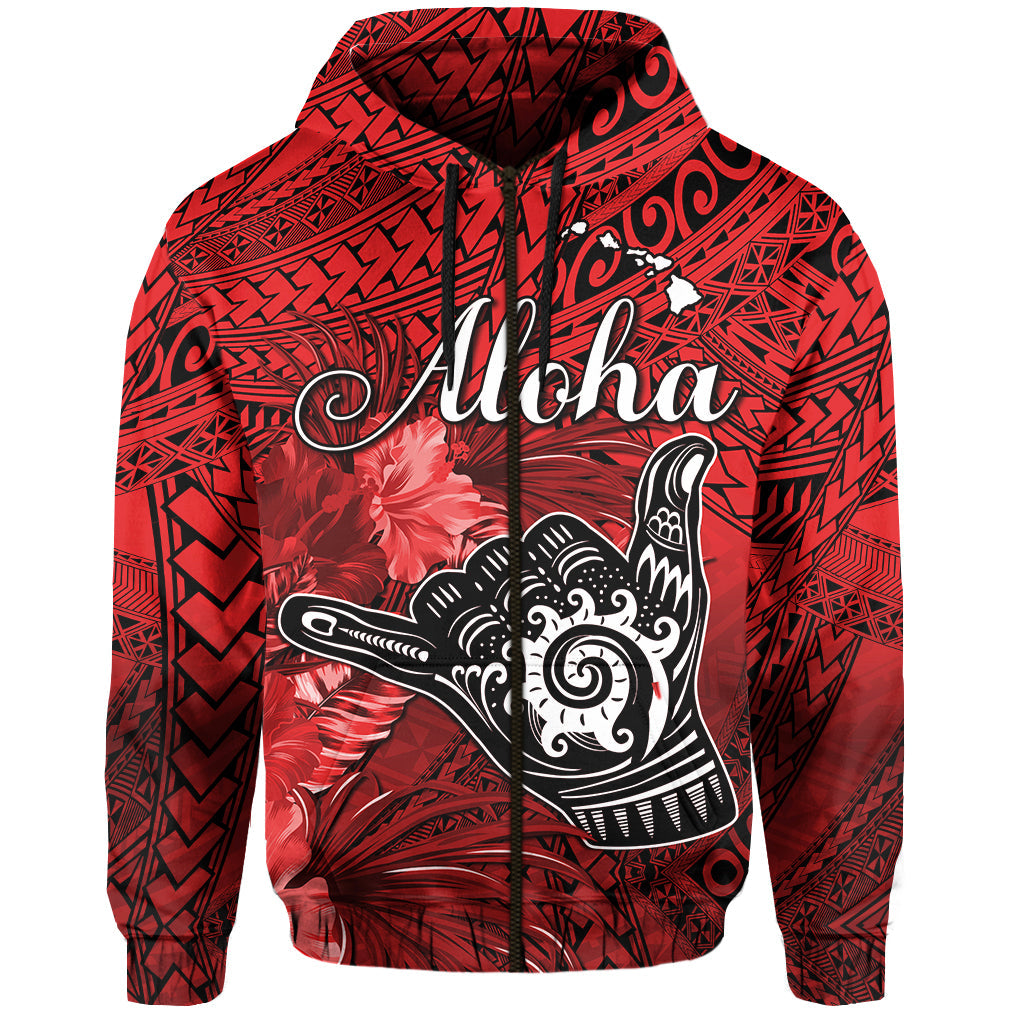 Custom The Shaka Hawaii Hoodie Tropical Flowers Red Version LT13 Zip Hoodie Red - Polynesian Pride
