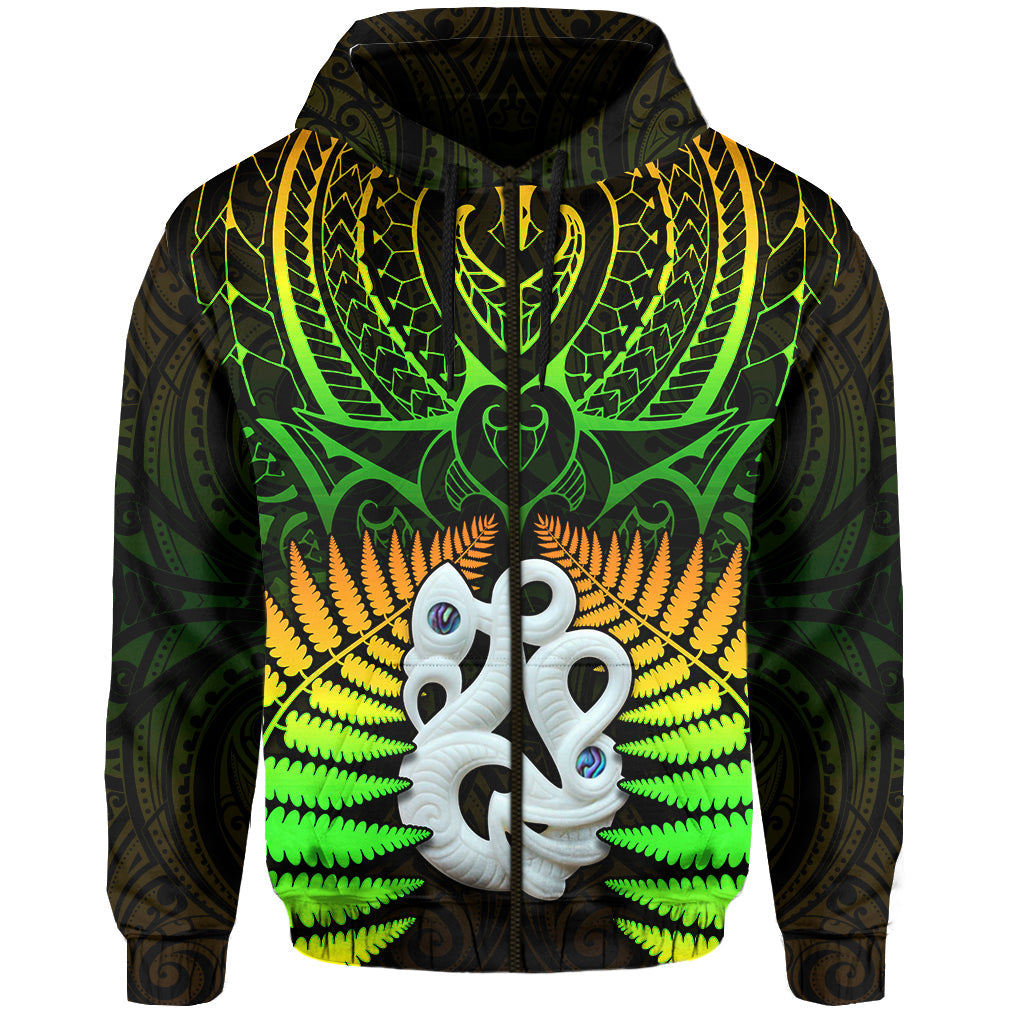 (Custom Text and Number) Aotearoa Fern Hoodie New Zealand Hei Tiki Special Style LT13 Zip Hoodie Green - Polynesian Pride
