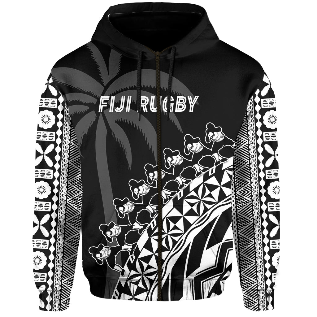 Fiji Rugby Hoodie Fijian Cibi Dance Tapa Pattern Black LT14 Zip Hoodie Black - Polynesian Pride
