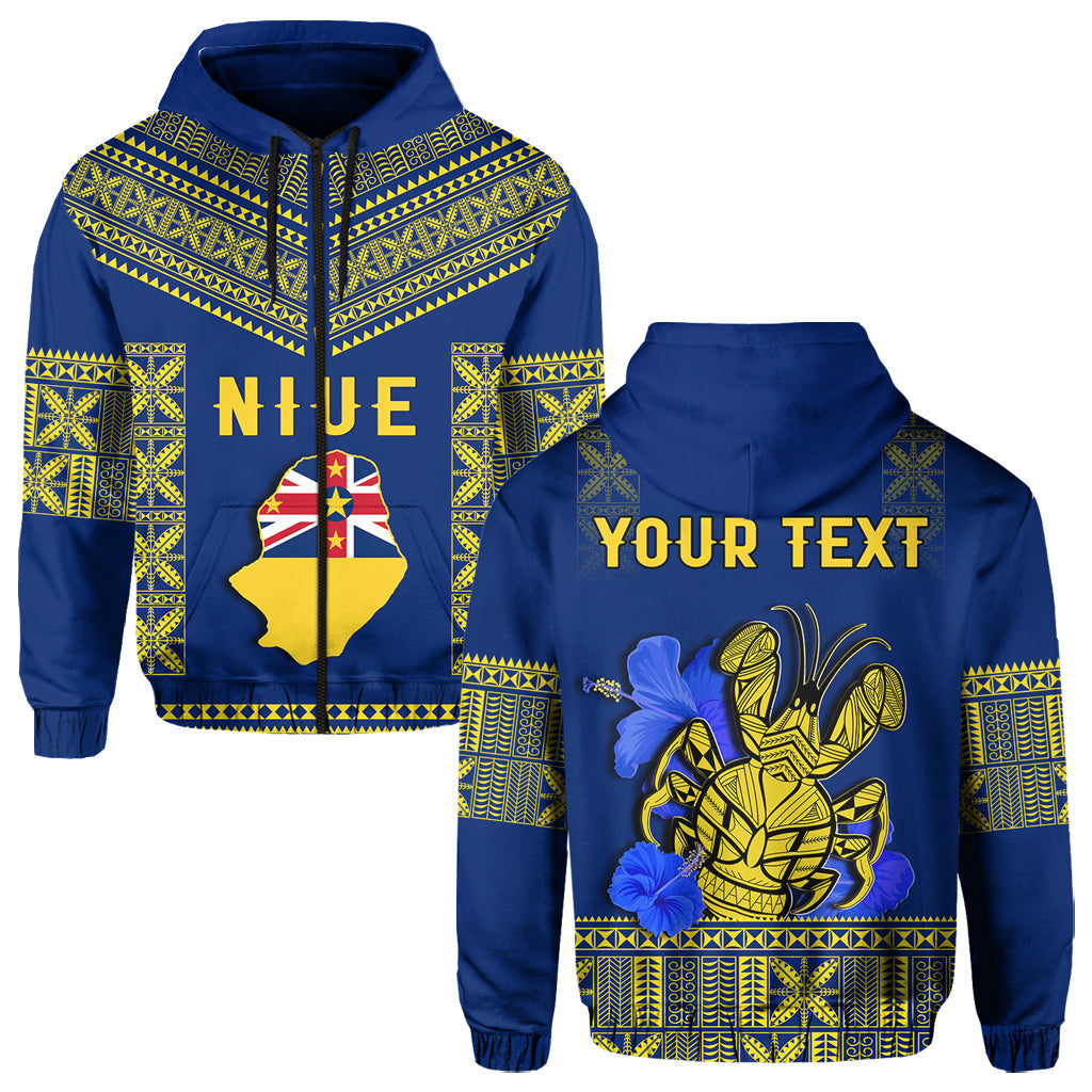 Custom Niue Hoodie Happy Constitution Day Niuean Hiapo Crab With Map LT14 Zip Hoodie Blue - Polynesian Pride