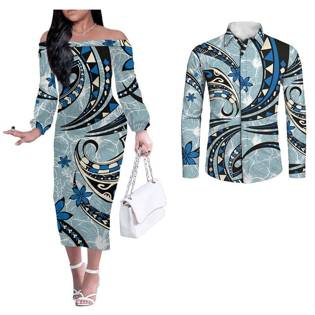 Wave Hawaii Tribal Pattern Matching Hawaiian Outfits Polyensian Long Sleeve Dress And Long Sleeve Button Shirt Blue Style Blue - Polynesian Pride