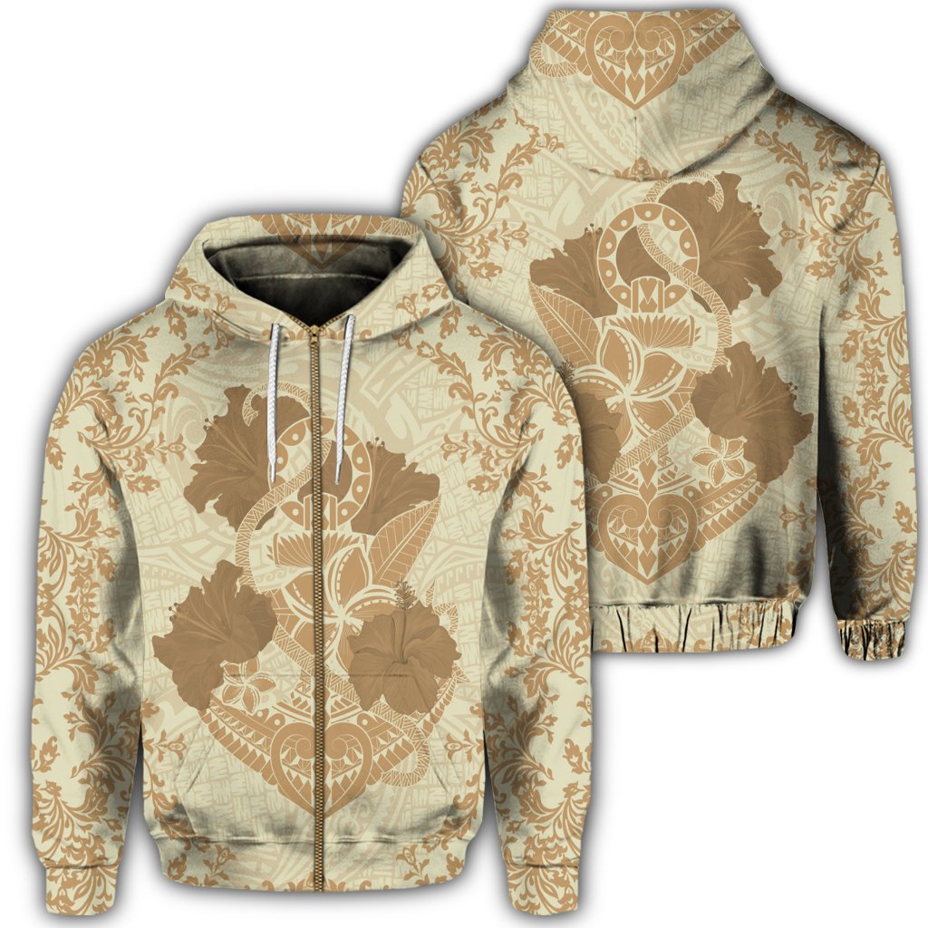 Hawaii Anchor Hibiscus Flower Vintage Zip Hoodie Beige Unisex Art - Polynesian Pride