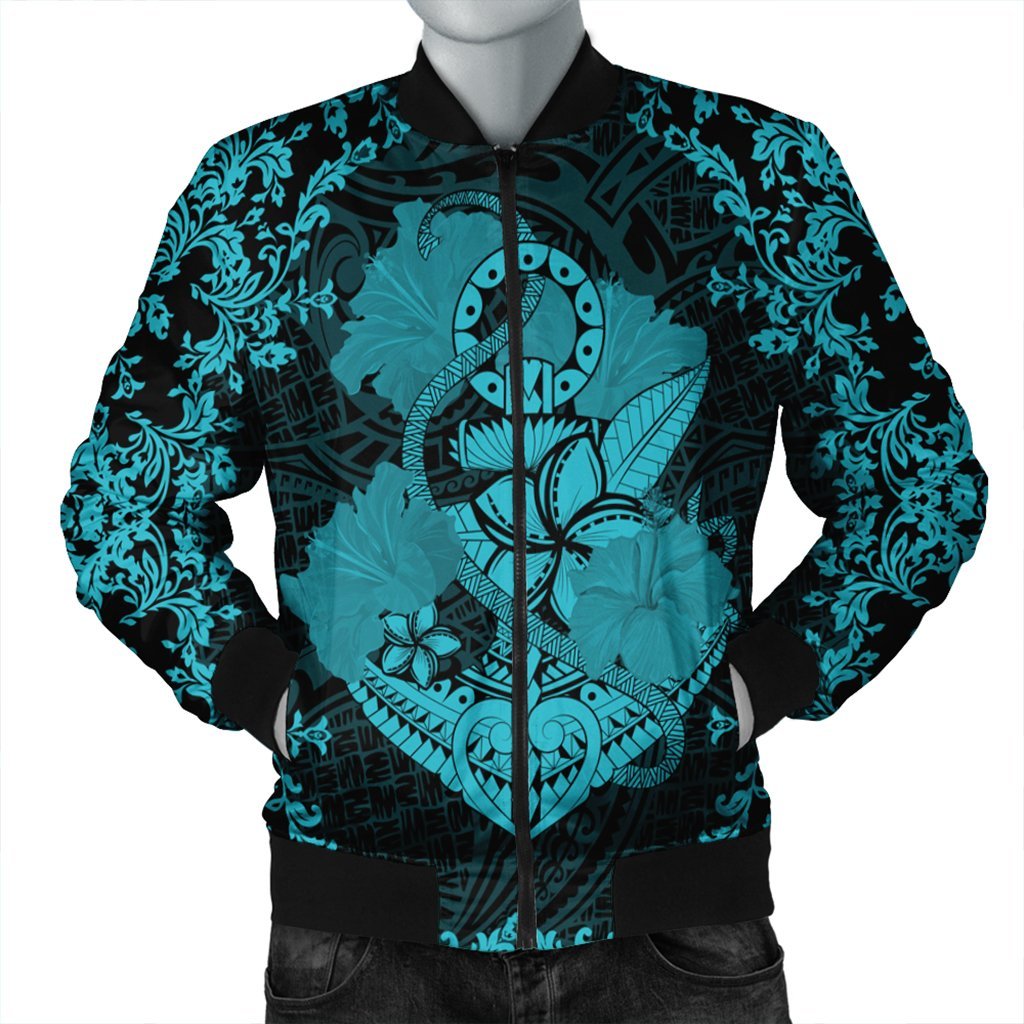 Hawaii Anchor Hibiscus Flower Vintage Bomber Jacket - AH - Blue Black Unisex - Polynesian Pride