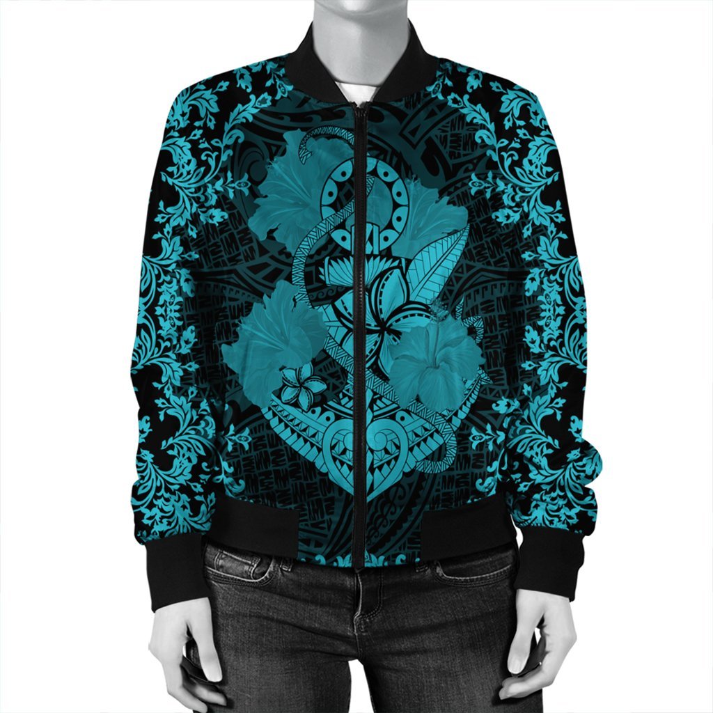Hawaii Anchor Hibiscus Flower Vintage Bomber Jacket - AH - Blue - Polynesian Pride
