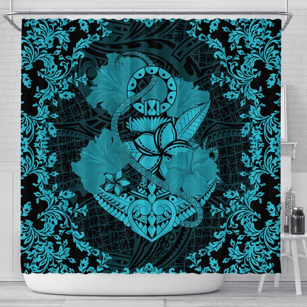 Hawaii Anchor Hibiscus Flower Vintage Shower Curtain - AH - Blue 177 x 172 (cm) Black - Polynesian Pride