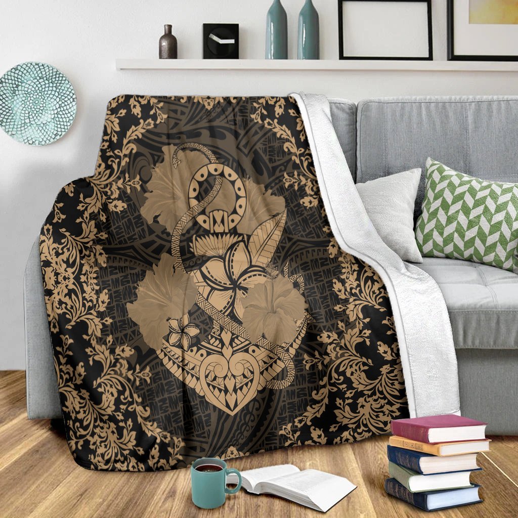 Hawaii Anchor Hibiscus Flower Vintage Premium Blankets - AH - Gold - Polynesian Pride