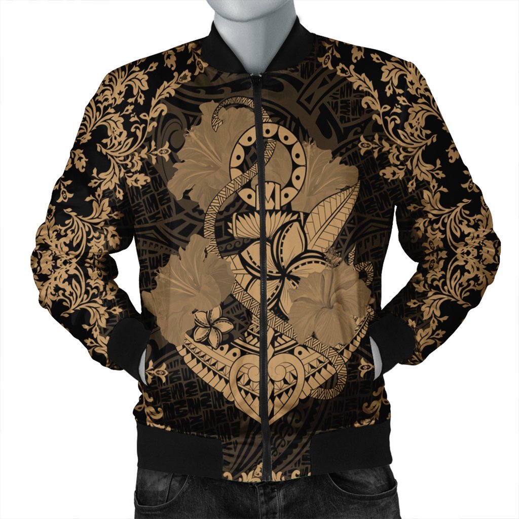Hawaii Anchor Hibiscus Flower Vintage Bomber Jacket - AH - Gold Black Unisex - Polynesian Pride