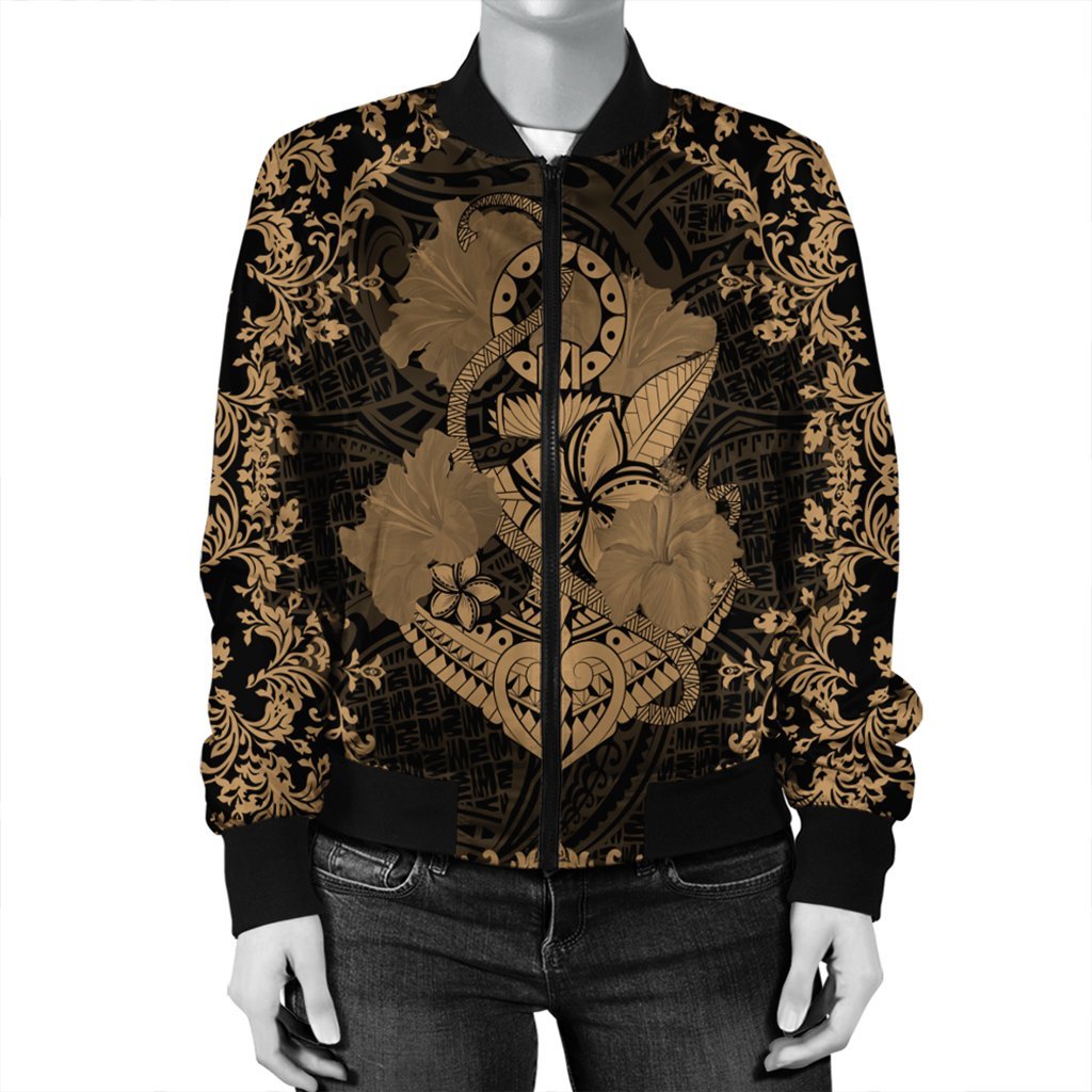 Hawaii Anchor Hibiscus Flower Vintage Bomber Jacket - AH - Gold - Polynesian Pride