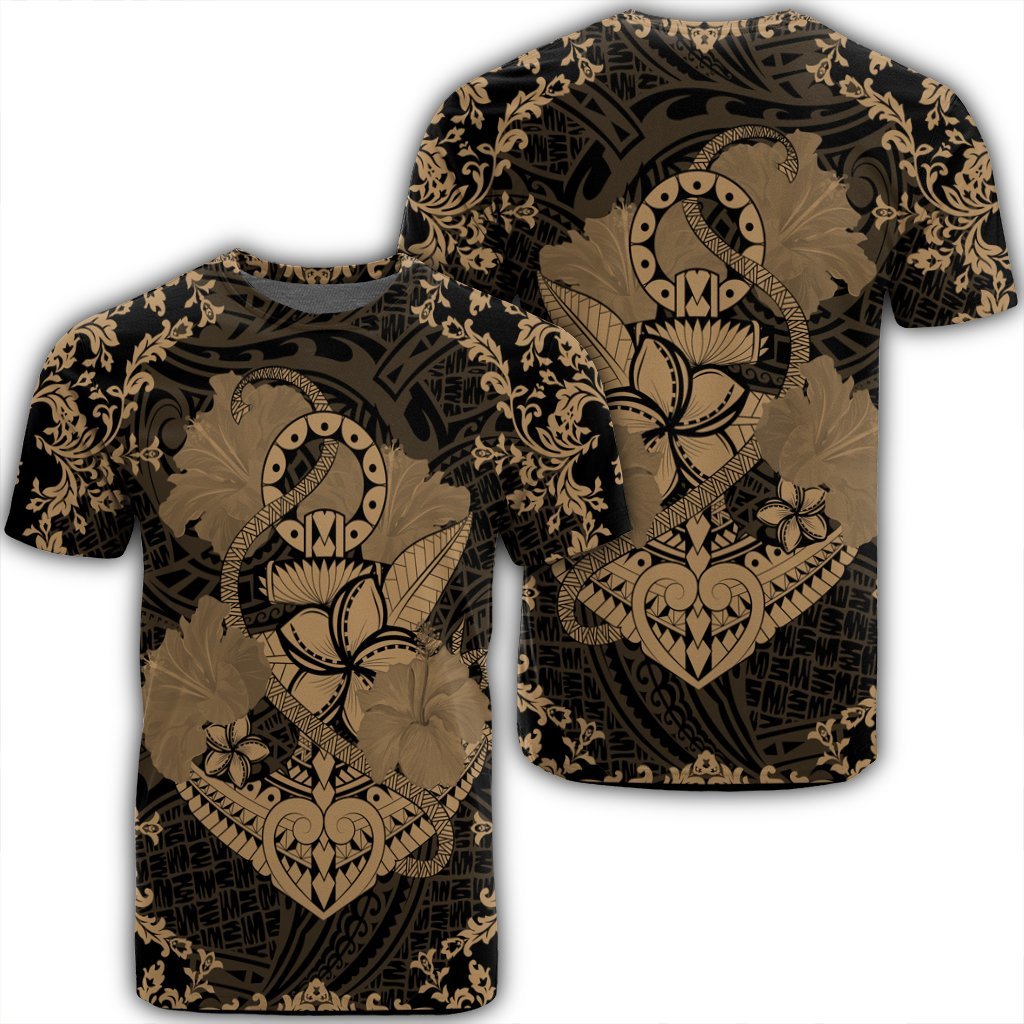 Hawaii Anchor Hibiscus Flower Vintage T Shirt Gold Unisex Black - Polynesian Pride