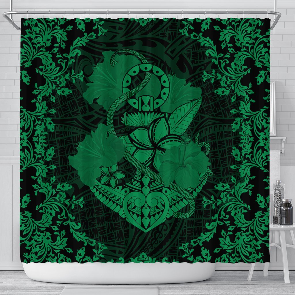 Hawaii Anchor Hibiscus Flower Vintage Shower Curtain - AH - Green 177 x 172 (cm) Black - Polynesian Pride