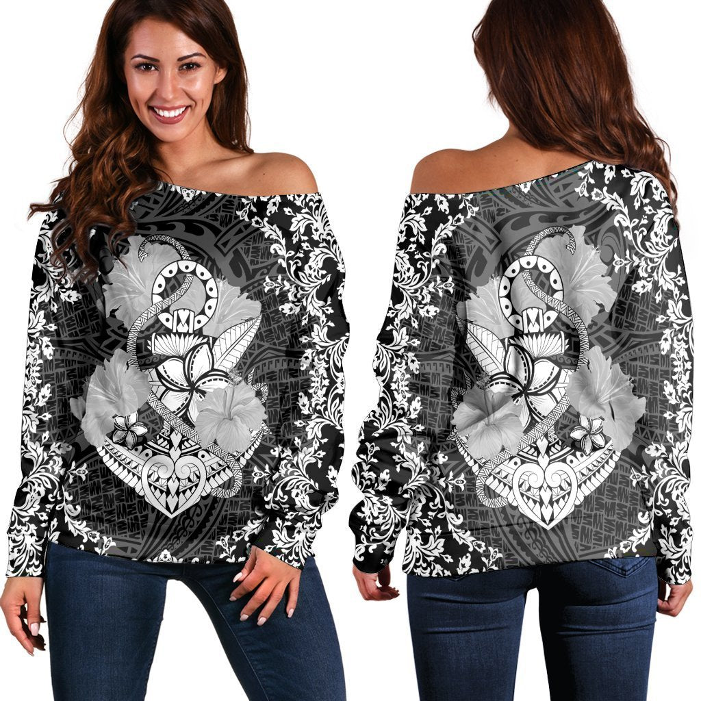 Hawaii Anchor Hibiscus Flower Vintage Women's Off Shoulder Sweater - AH Black - Polynesian Pride