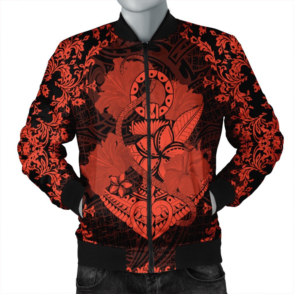 Hawaii Anchor Hibiscus Flower Vintage Bomber Jacket - AH - Orange Black Unisex - Polynesian Pride