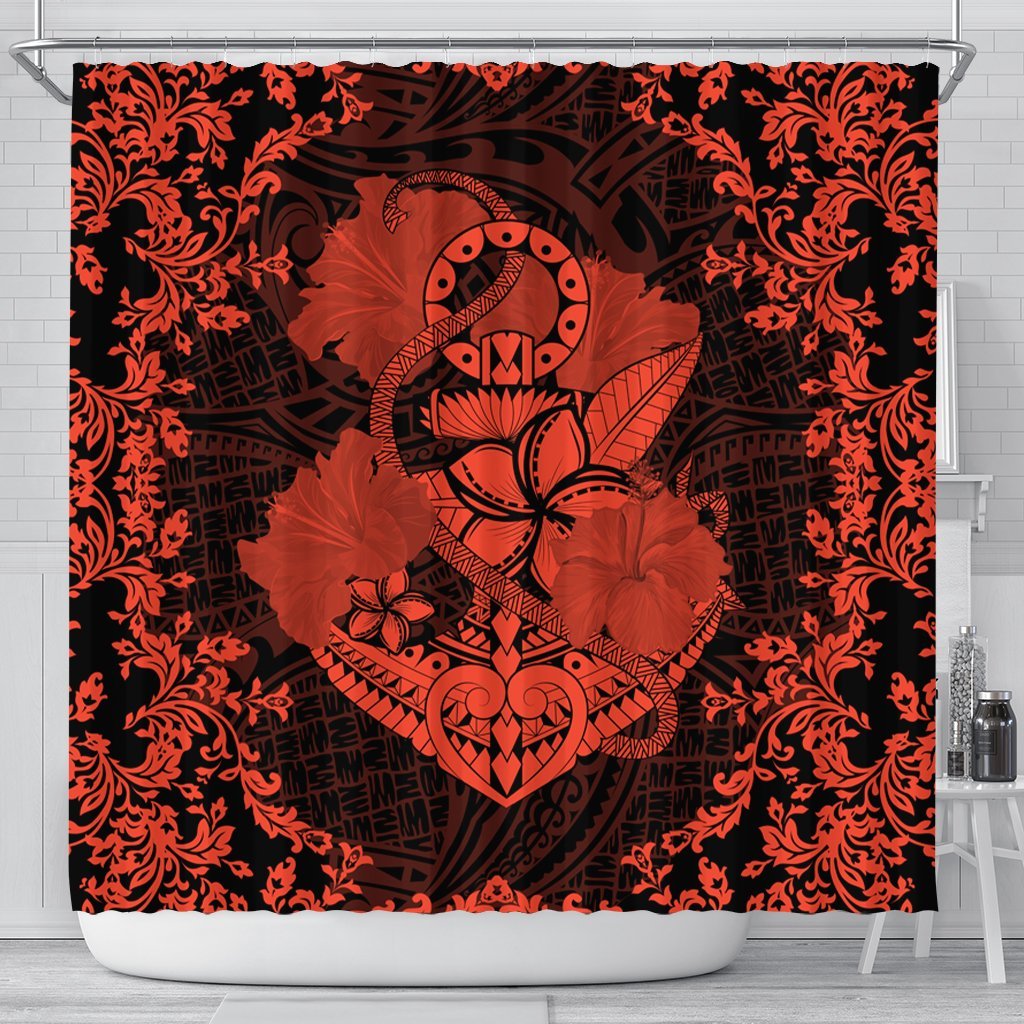 Hawaii Anchor Hibiscus Flower Vintage Shower Curtain - AH - Orange 177 x 172 (cm) Black - Polynesian Pride