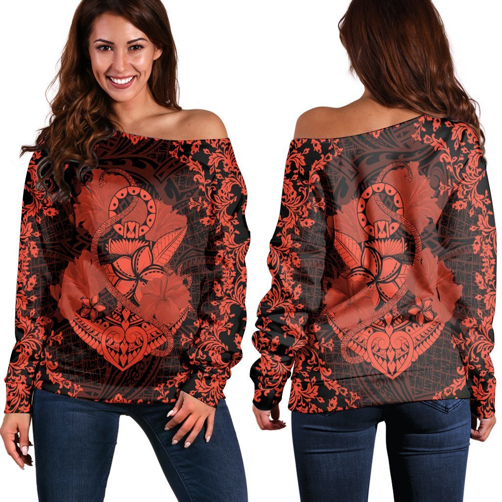 Hawaii Anchor Hibiscus Flower Vintage Women's Off Shoulder Sweater - AH - Orange Black - Polynesian Pride