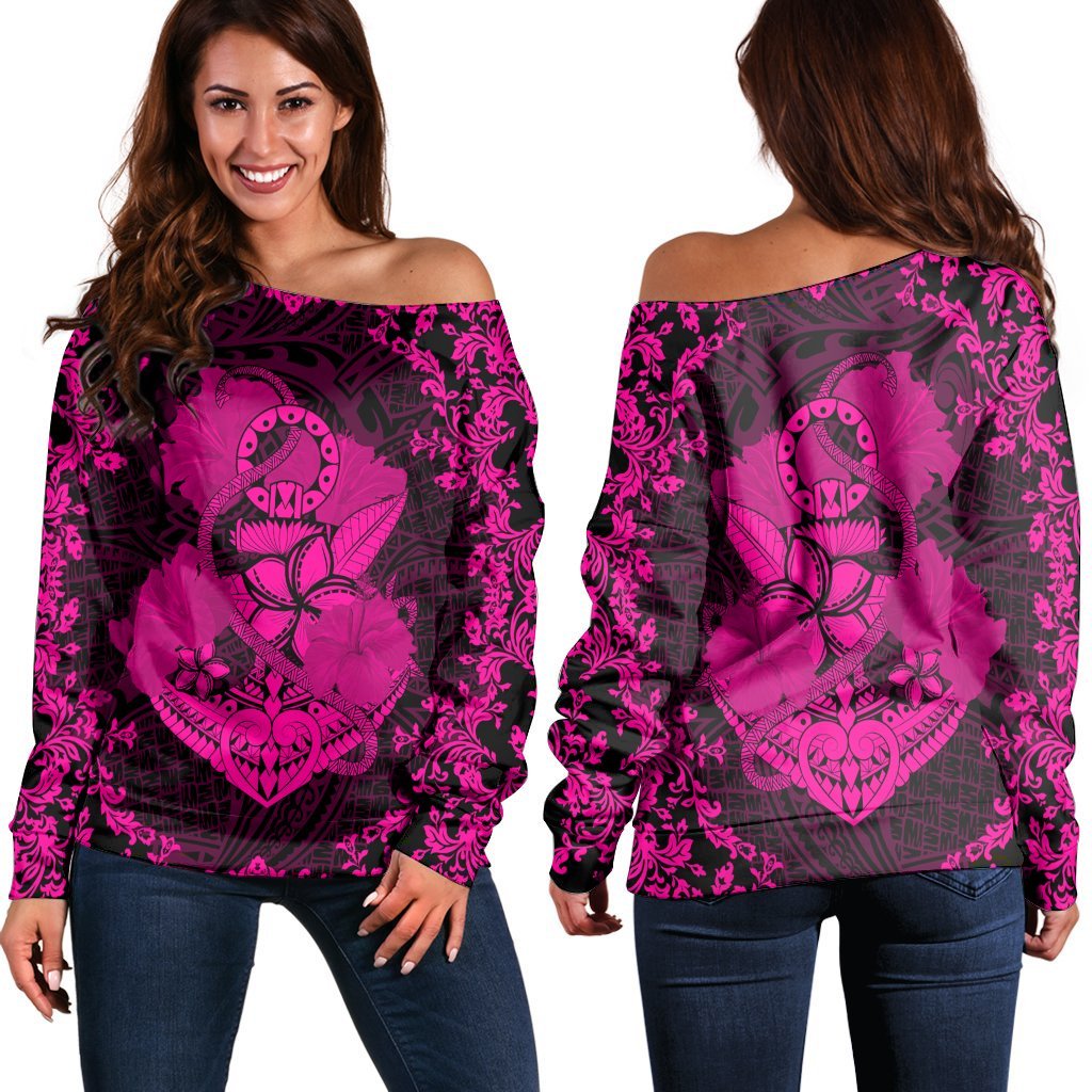 Hawaii Anchor Hibiscus Flower Vintage Women's Off Shoulder Sweater - AH - Pink Black - Polynesian Pride