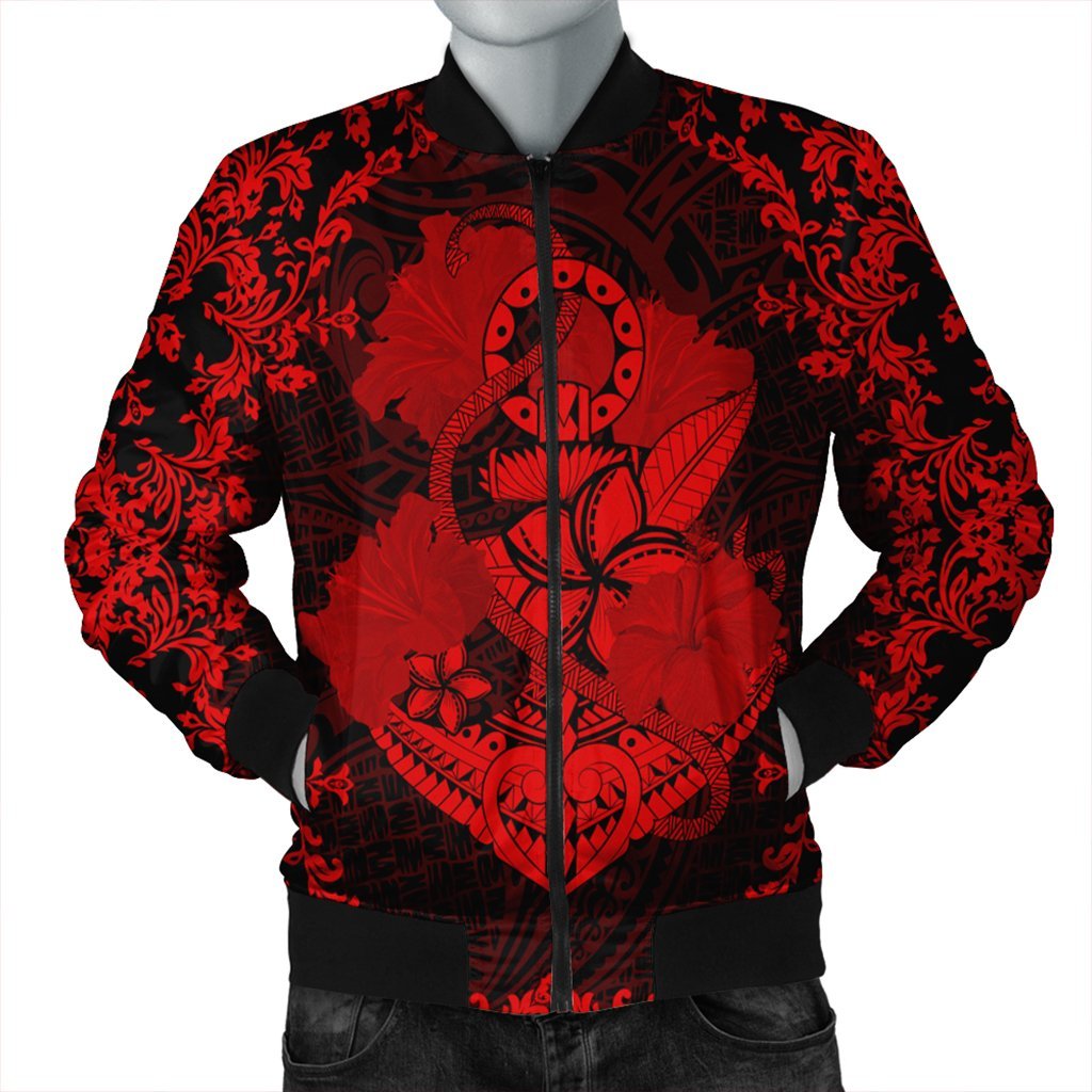 Hawaii Anchor Hibiscus Flower Vintage Bomber Jacket - AH - Red Black Unisex - Polynesian Pride