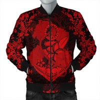 Hawaii Anchor Hibiscus Flower Vintage Bomber Jacket - AH - Red Black Unisex - Polynesian Pride