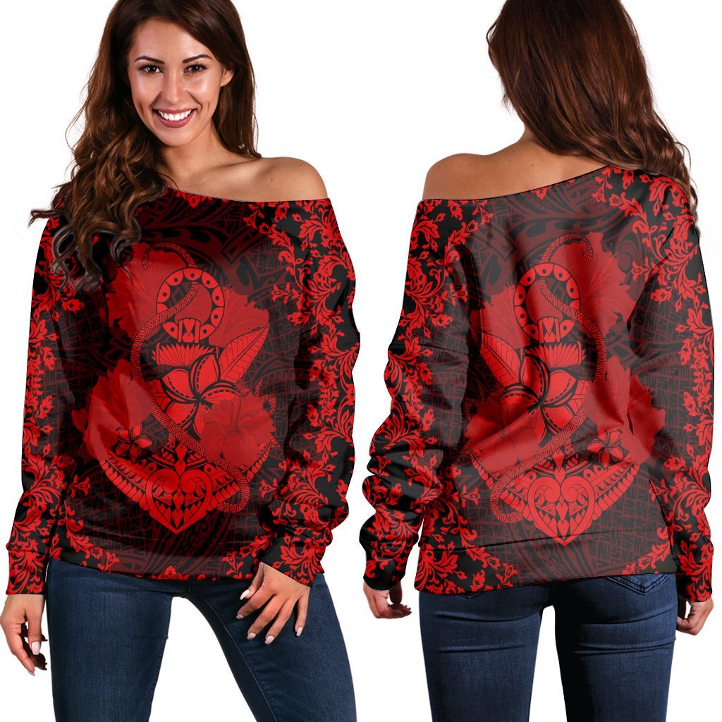 Hawaii Anchor Hibiscus Flower Vintage Women's Off Shoulder Sweater - AH - Red Black - Polynesian Pride