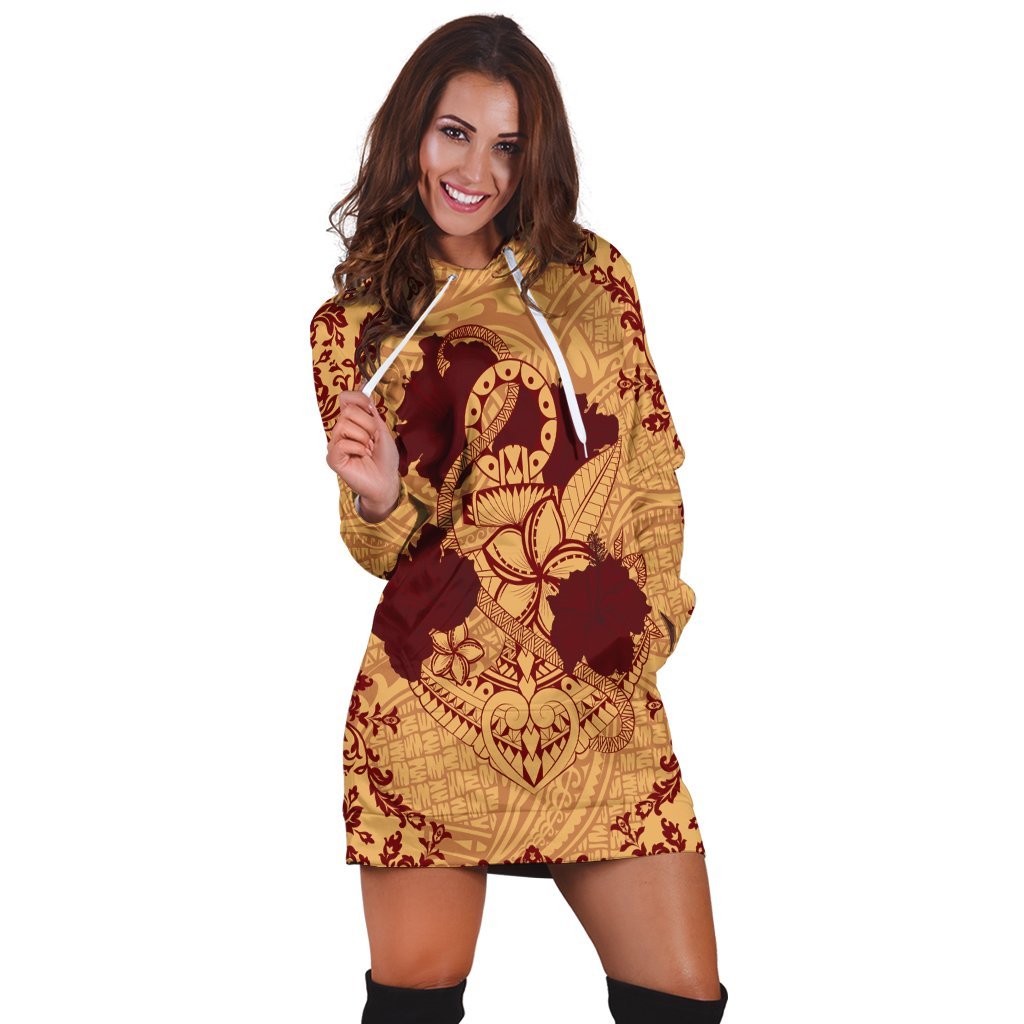 Hawaii Anchor Hibiscus Flower Vintage Hoodie Dress - AH - Red Orange - Polynesian Pride