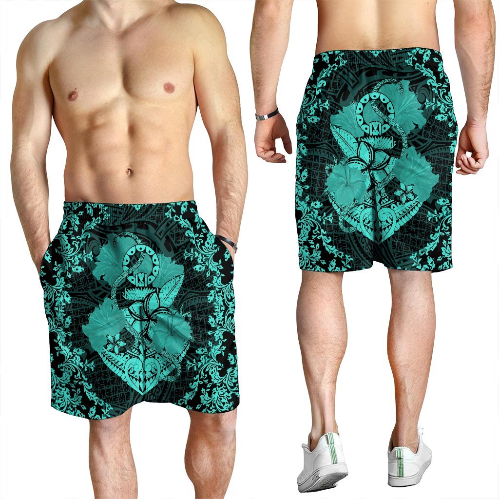 Hawaii Anchor Hibiscus Flower Vintage Men's Shorts - AH - Turquoise - Polynesian Pride