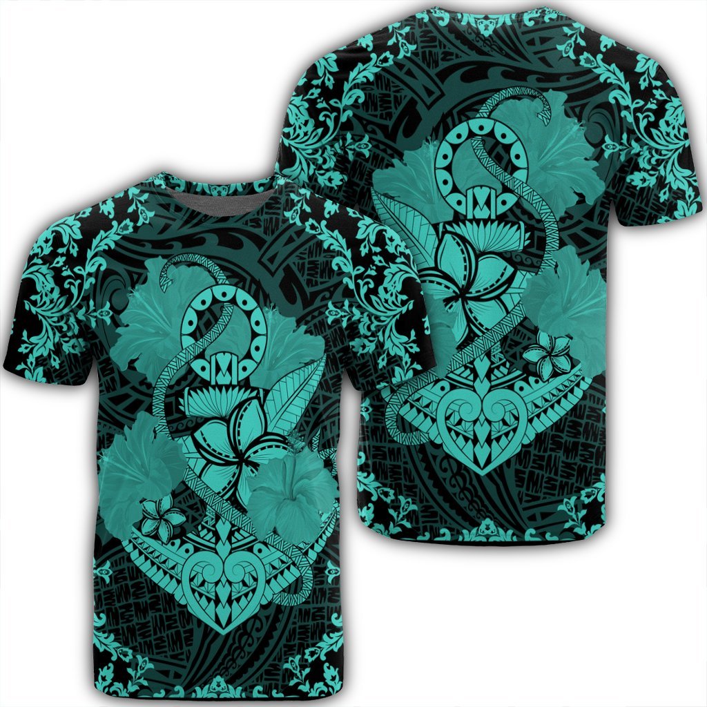 Hawaii Anchor Hibiscus Flower Vintage T Shirt Turquoise Unisex Black - Polynesian Pride
