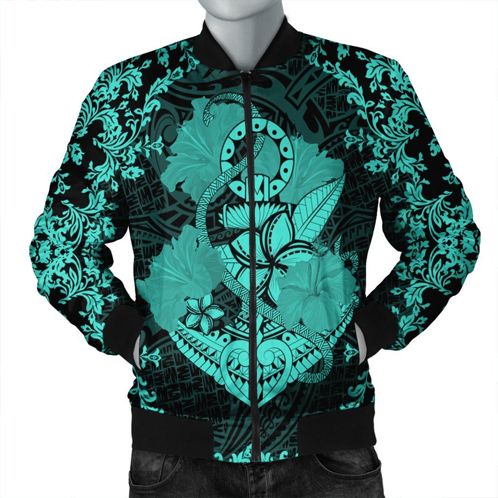Hawaii Anchor Hibiscus Flower Vintage Bomber Jacket - AH - Turquoise Black Unisex - Polynesian Pride
