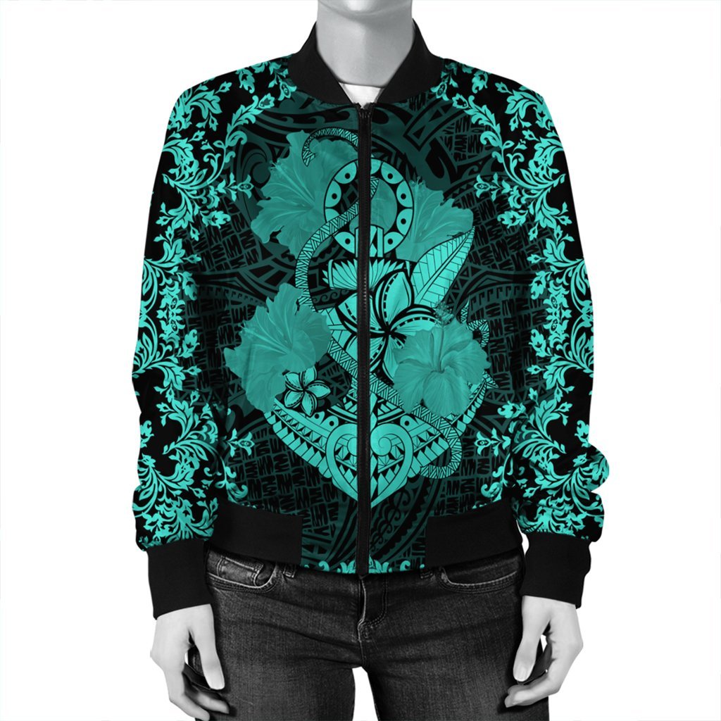 Hawaii Anchor Hibiscus Flower Vintage Bomber Jacket - AH - Turquoise - Polynesian Pride