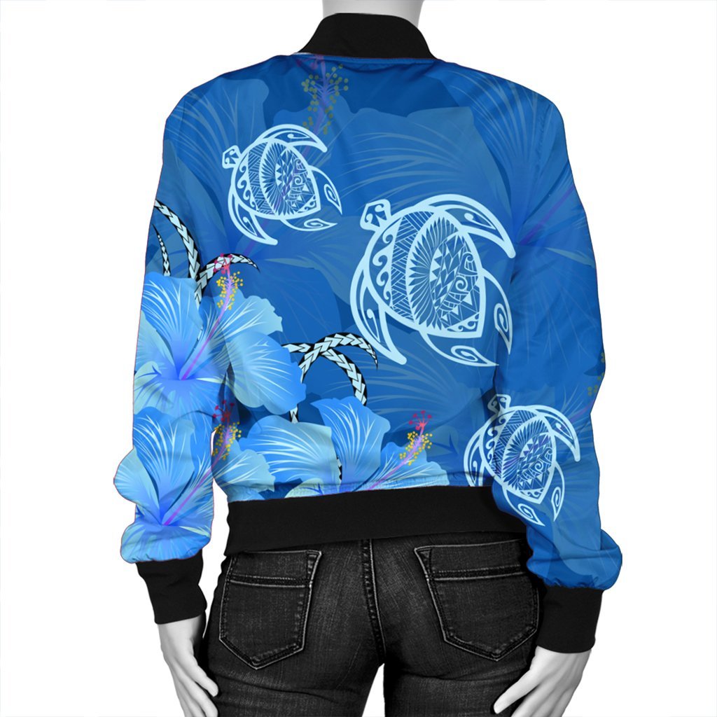 Hawaii Blue Hibiscus Turtle Polynesian Bomber Jacket - AH - Polynesian Pride