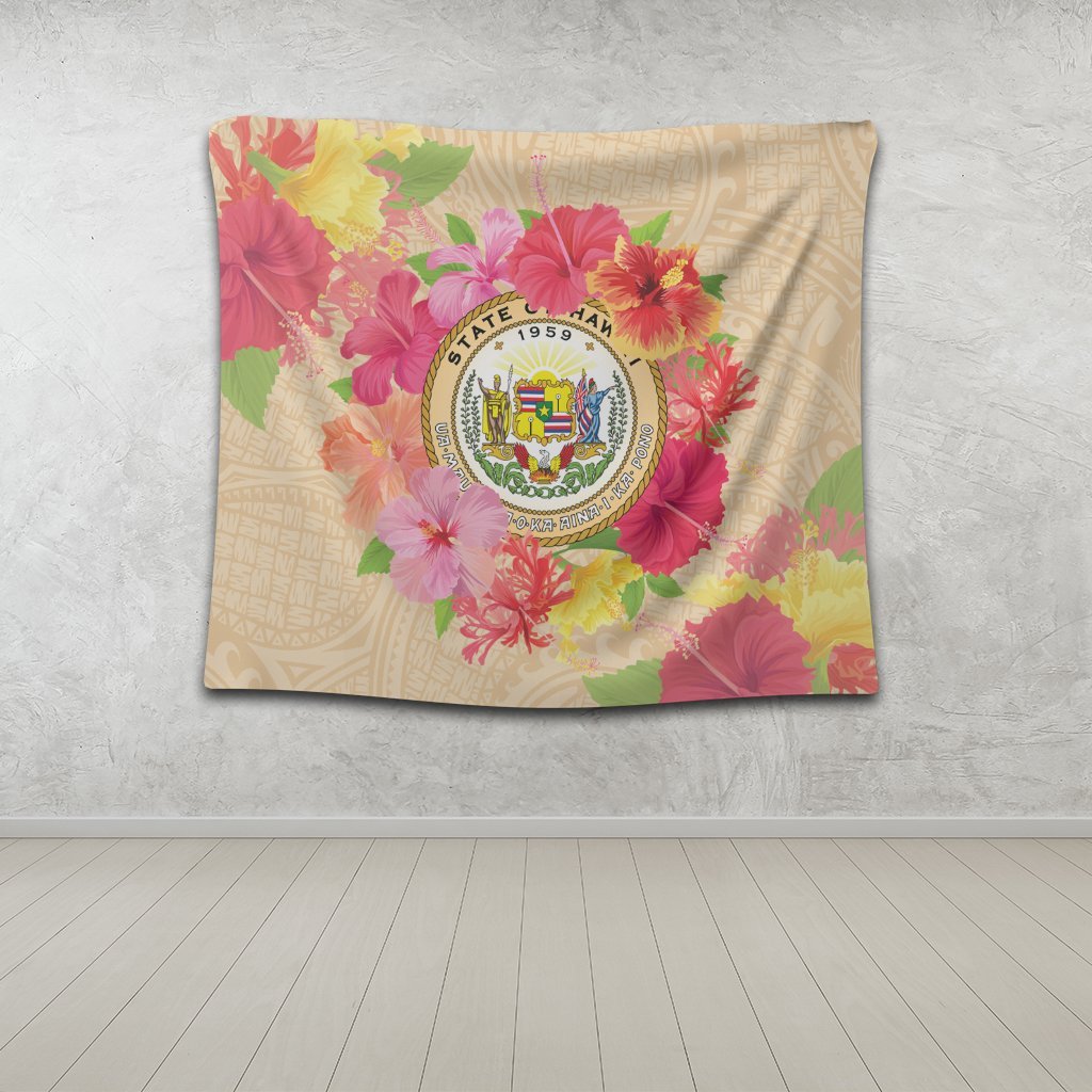 Hawaii Coat Of Arm Hibiscus Tapestry - AH - Polynesian Pride