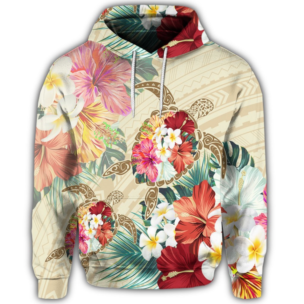 Hawaiian Floral Turtle Hoodie Beige - Polynesian Pride