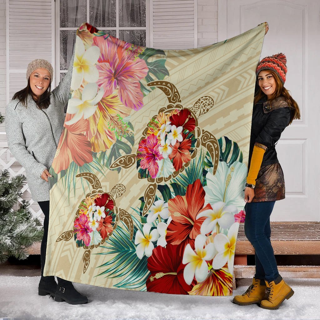 Hawaii Floral Turtle Premium Blankets - Beige - AH - Polynesian Pride