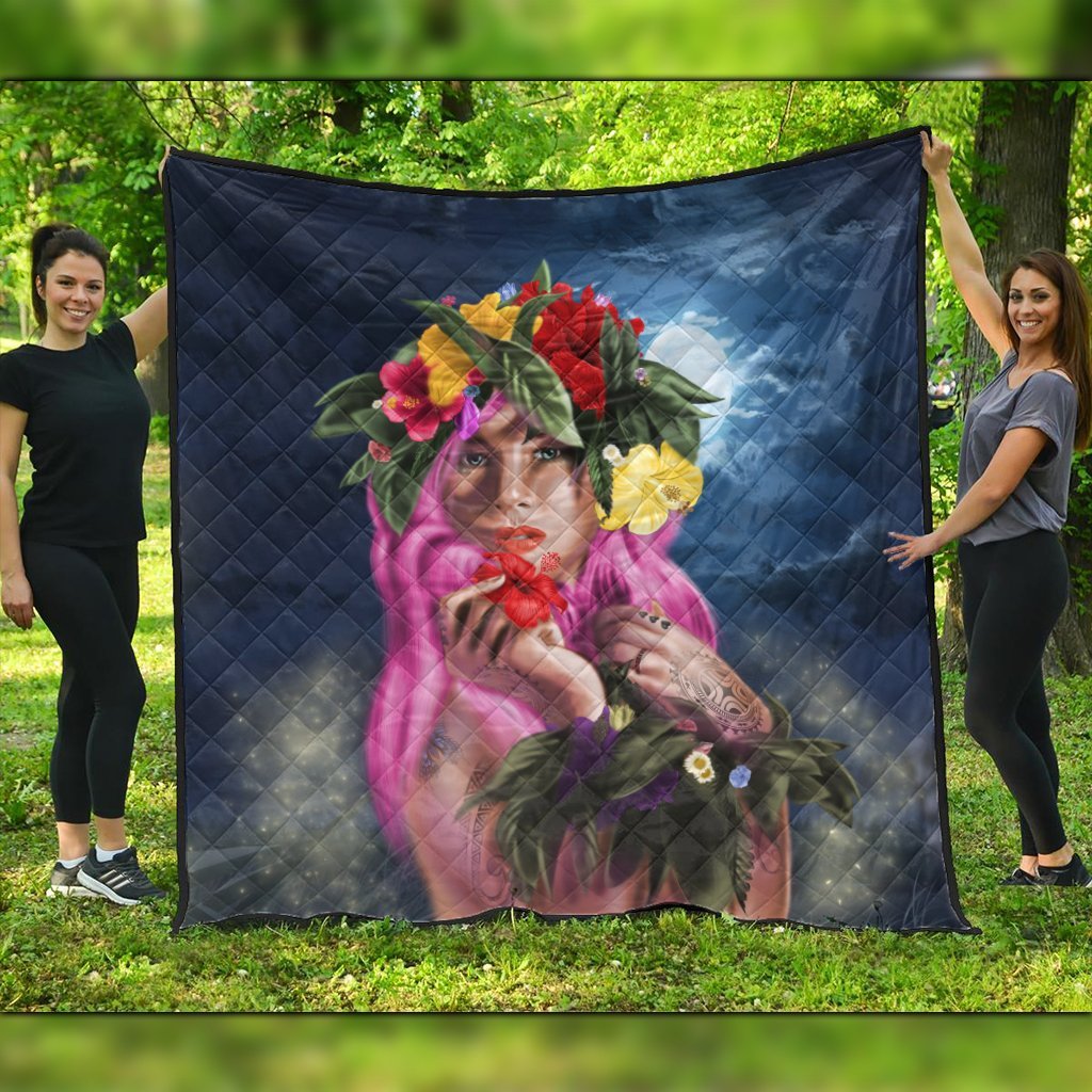 Hawaii Kanaka Colorful Hula Girl Premium Quilts - Dinh Style Black - Polynesian Pride