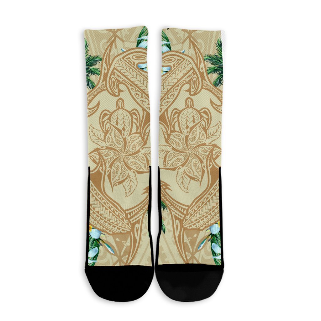 Hawaii Kanaka Maoli Palm Trees Turtle And Sharks Crew Socks - AH - Polynesian Pride