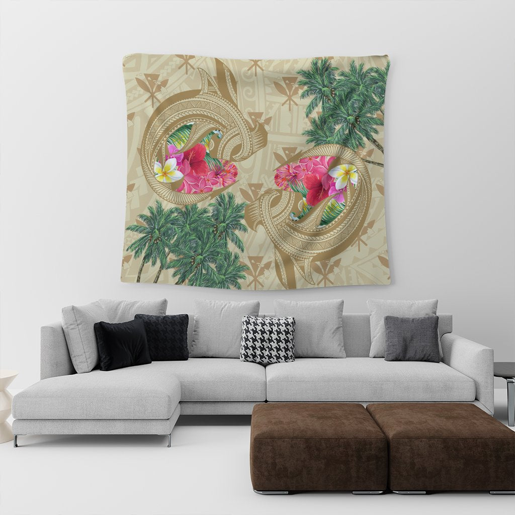 Hawaii Kanaka Maoli Plumeria Palm Trees Hammer Shark Tapestry - AH - Polynesian Pride