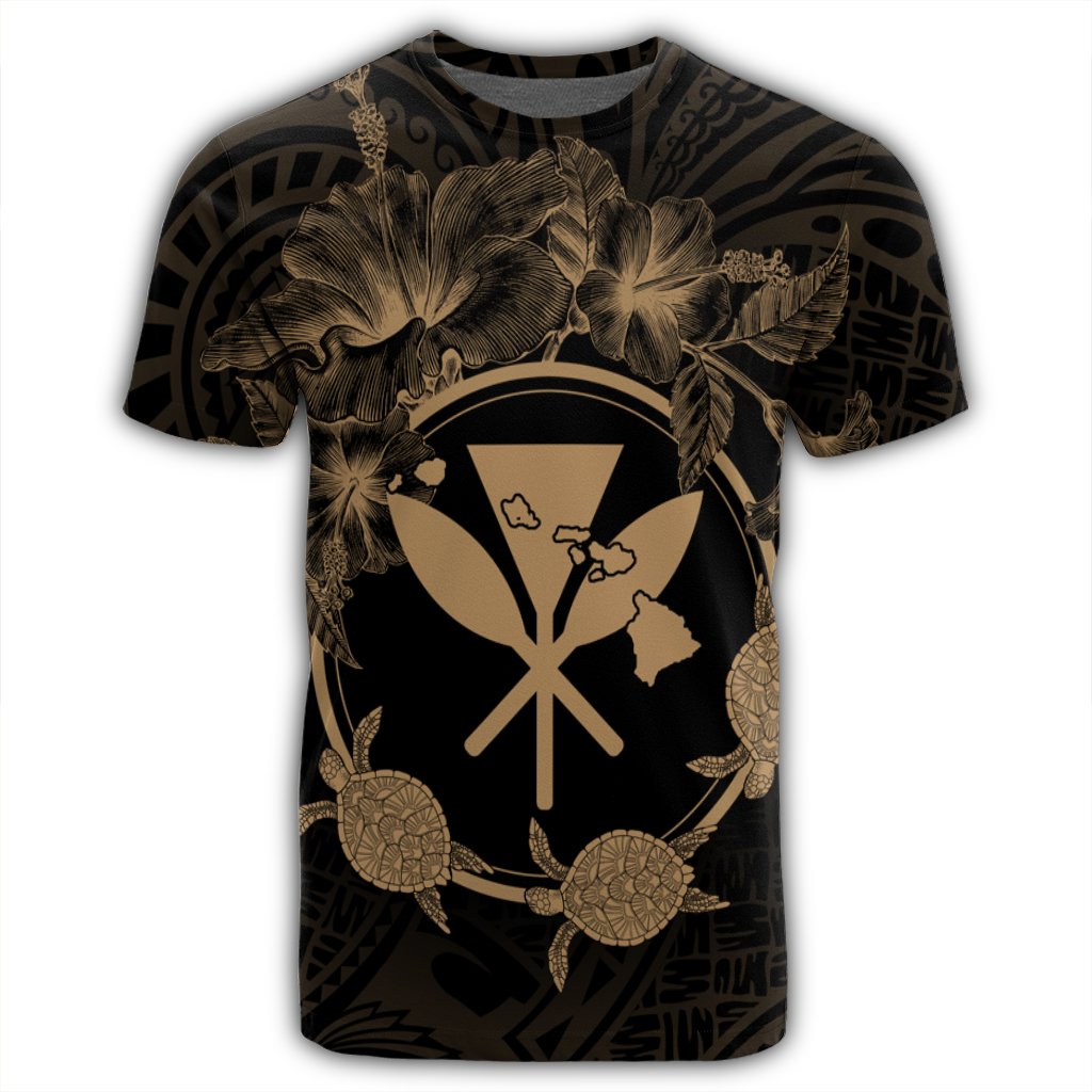 Hawaii Kanaka Turtle Hibiscus Polynesian T Shirt Anthea Style Gold - Polynesian Pride