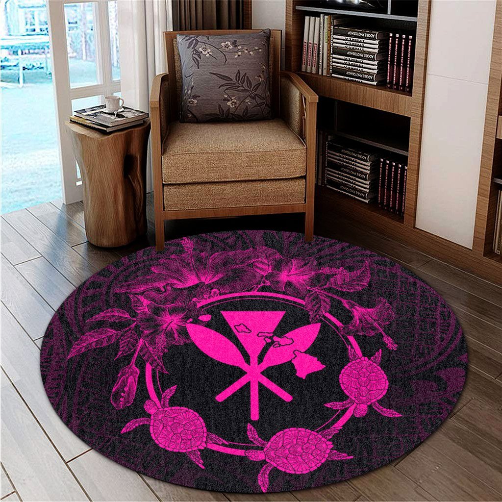Hawaii Kanaka Turtle Hibiscus Polynesian Round Carpet - Anthea Style Pink - AH - Polynesian Pride