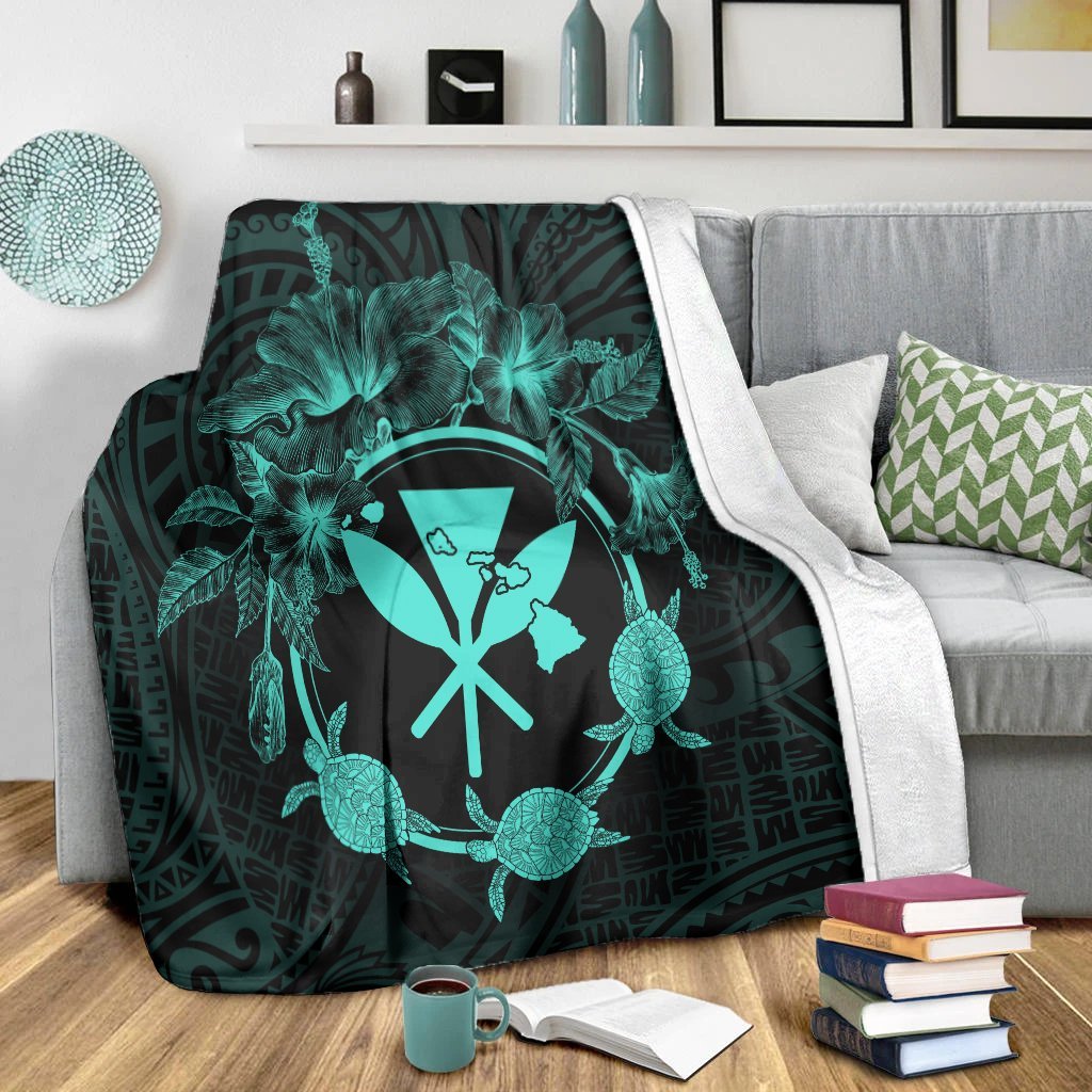 Hawaii Kanaka Turtle Hibiscus Polynesian Premium Blankets - Anthea Style Turquoise - AH - Polynesian Pride