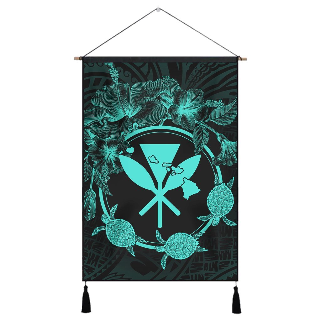 Hawaii Kanaka Turtle Hibiscus Polynesian Hanging Poster - Anthea Style Turquoise - AH Hanging Poster Cotton And Linen - Polynesian Pride