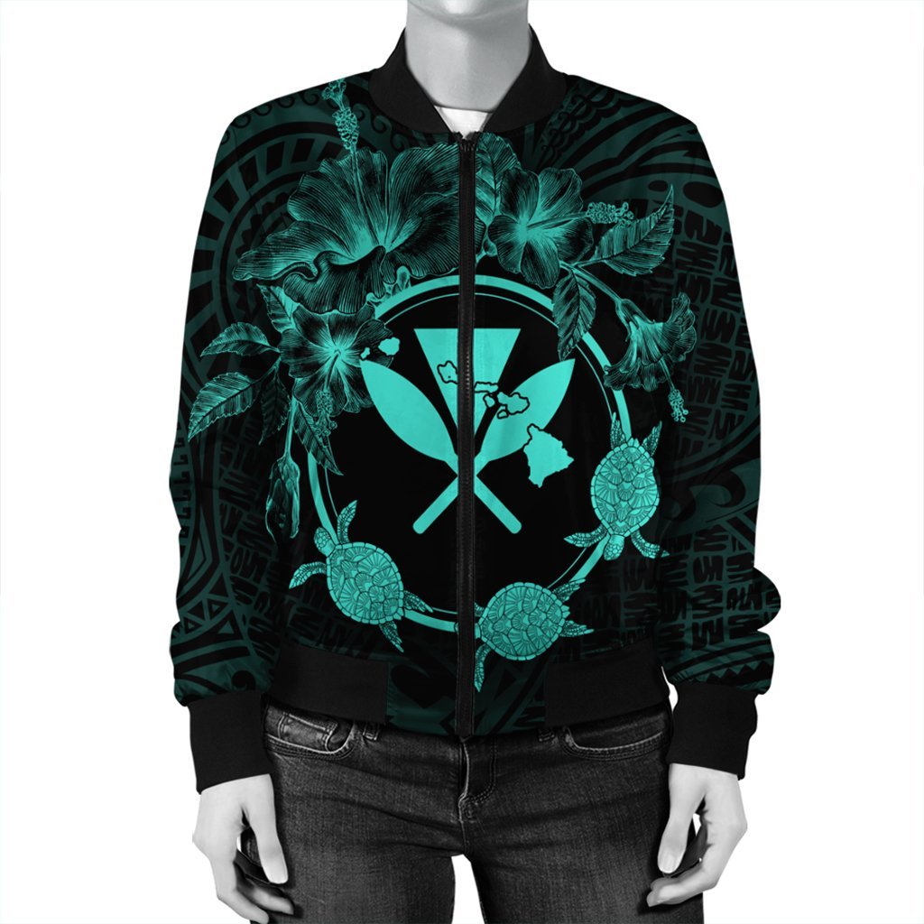 Hawaii Kanaka Turtle Hibiscus Polynesian Bomber Jacket - Anthea Style Turquoise - AH - Polynesian Pride